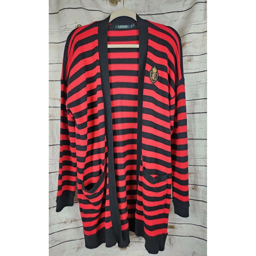 LAUREN Ralph Lauren Red Striped Crest Knit Sweater Cardigan XL Open Preppy Wmns